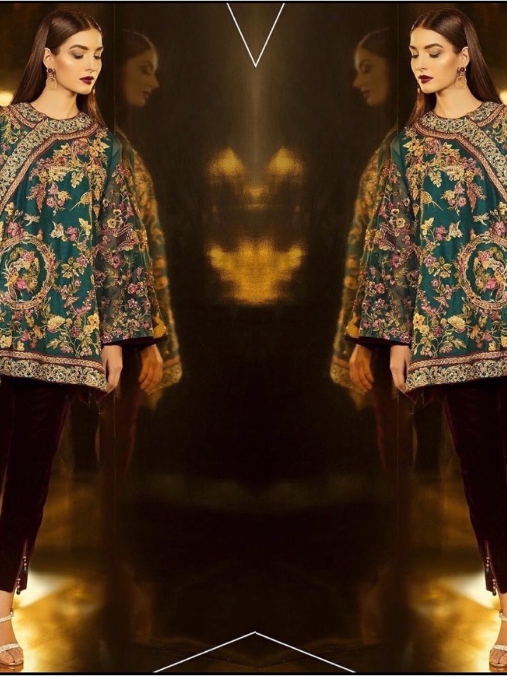 Elan Teal Floral Embroidered Long Sleeve Tunic with Burgundy Pants